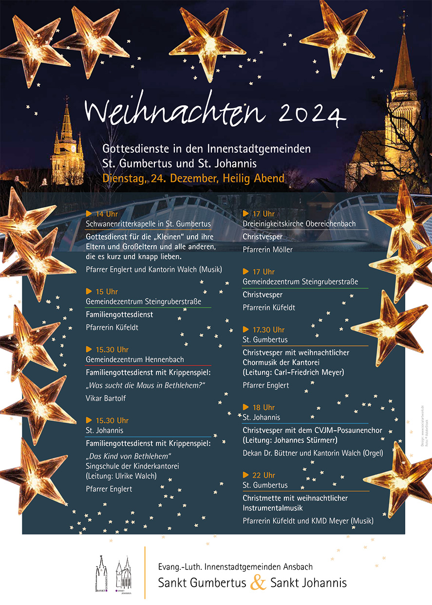 Plakat Weihnachten 2024: Gottesdienste in den Innenstadtgemeinden St. Gumbertus und St. Johannis